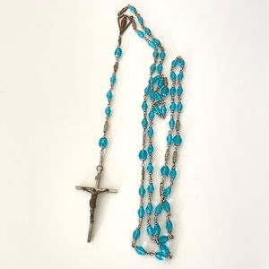 Vintage INRI sterling silver BLI Blue crystal rosary crucifix necklace religious